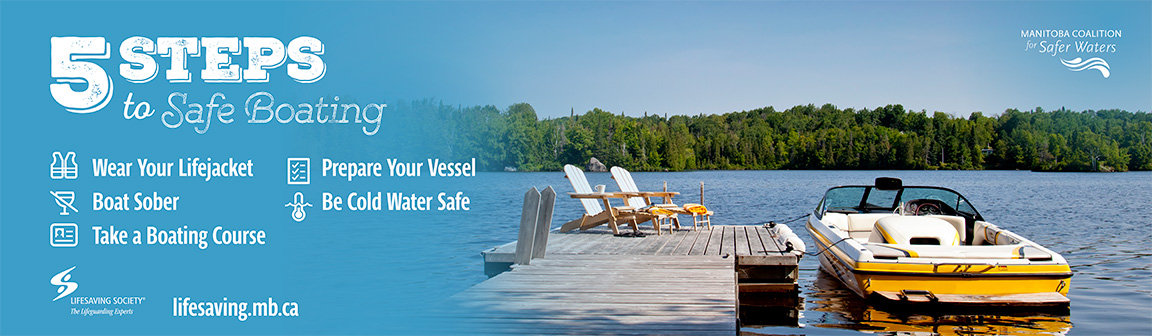 5 steps to safe boating banner - Wear your lifejacket, boat sober, take a boating course, prepare your vessel, be cold water safe - boat attacked to a dock with beach chairs on it