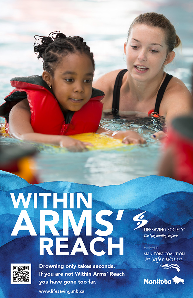 Within Arms' Reach water safety poster - Swim instructor holding onto child with lifejacket swimming in public pool