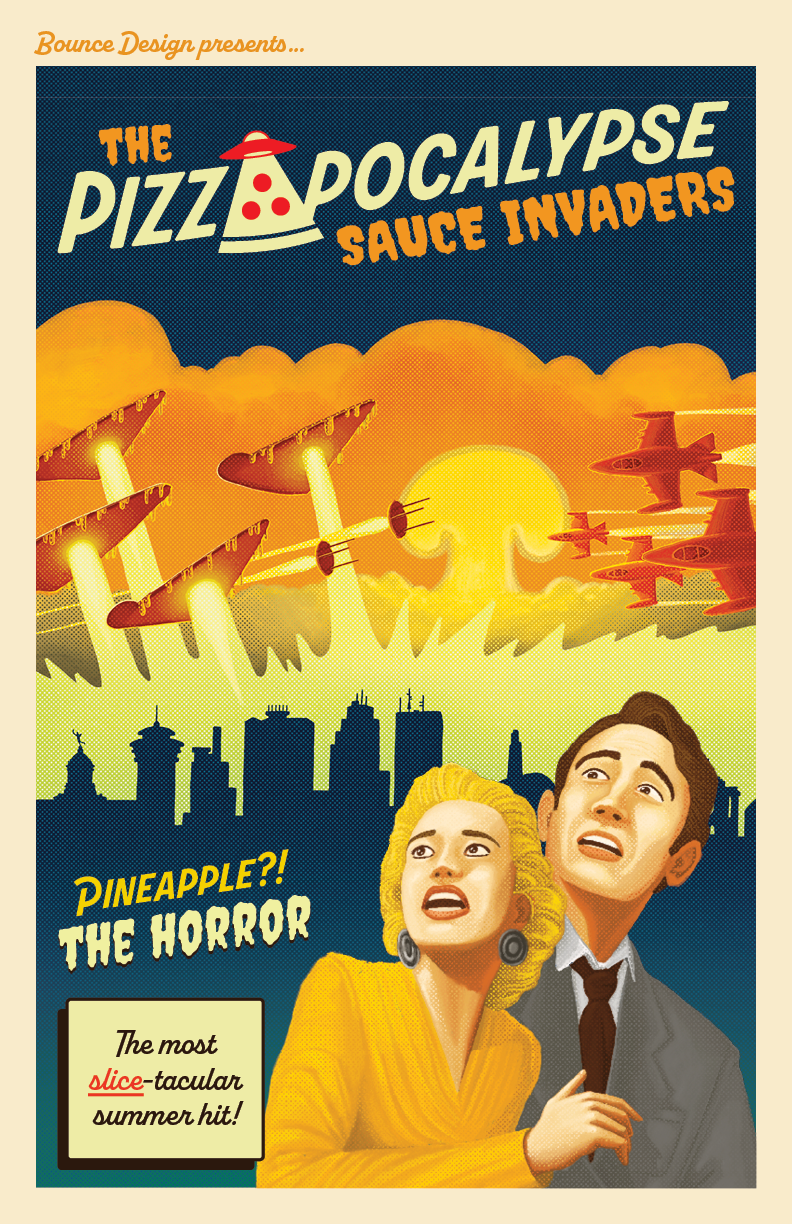The Pizzapocalypse: Sauce Invaders movie poster - Two people scared looking up at pizza slice ships attacking a city