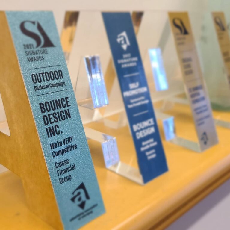 Bounce Design Signature Awards trophies on shelf