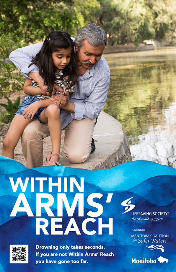 Within Arms' Reach water safety poster - Father holding onto child leaning over pond